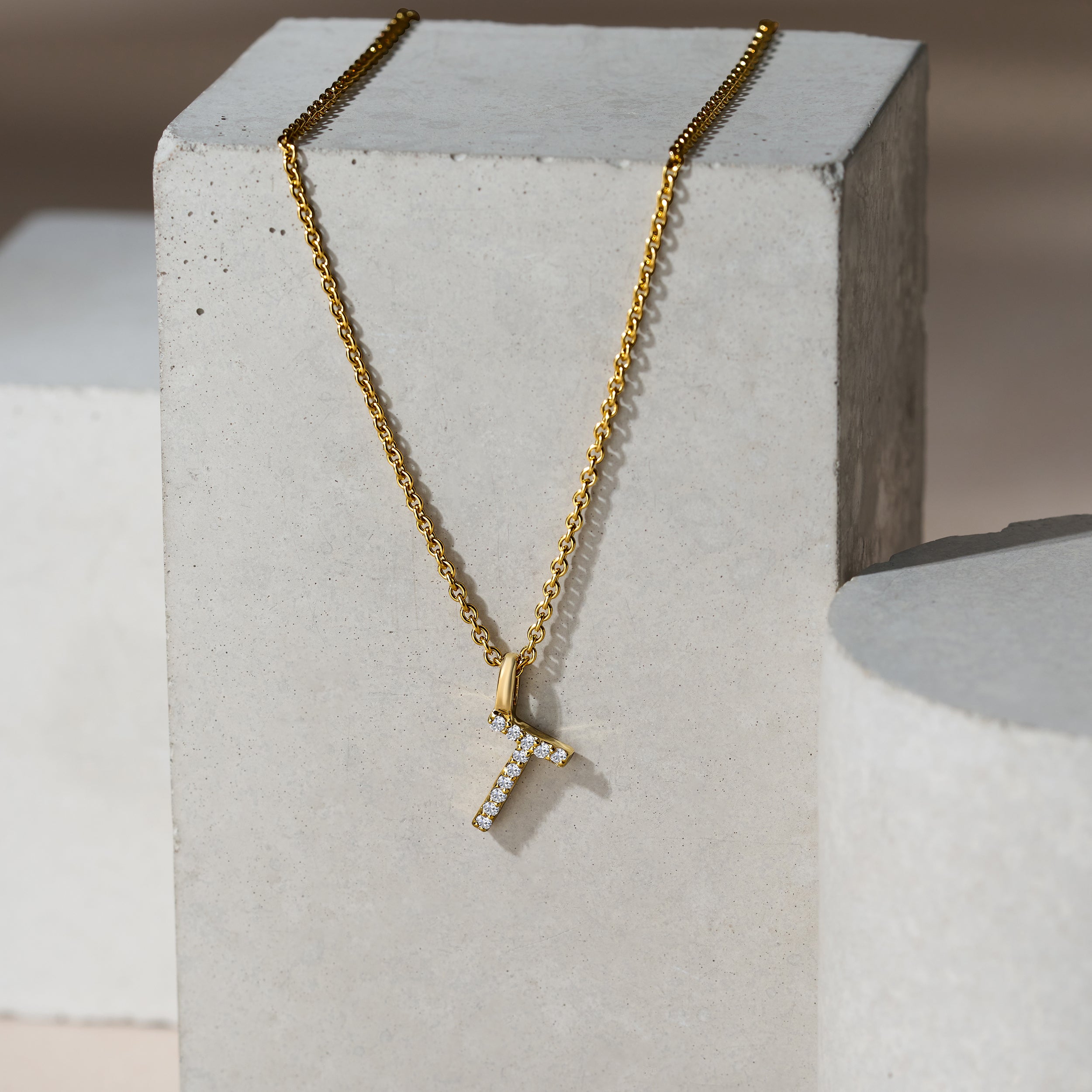 Love Letter Initial T Lab Diamond Necklace set in 9K Yellow Gold